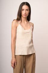 Top con pizzo misto lino avorio