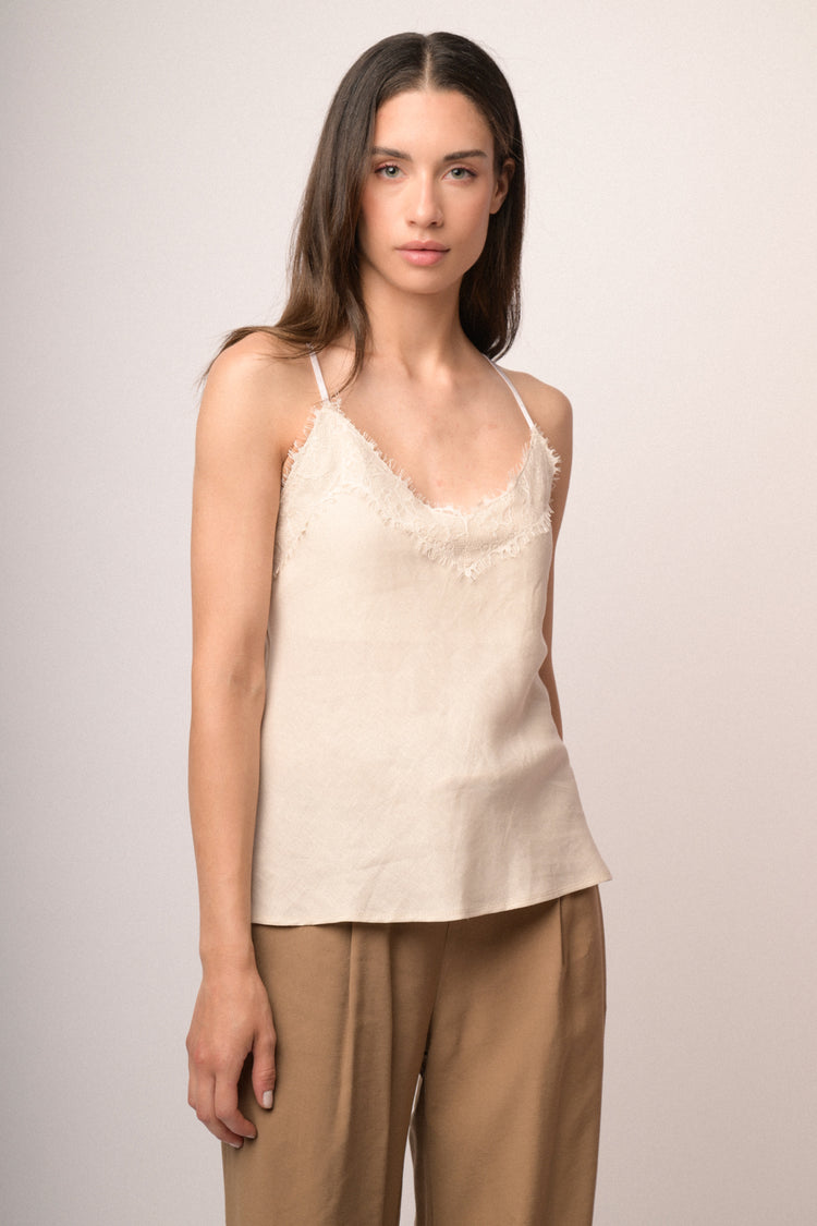 Top con pizzo misto lino avorio