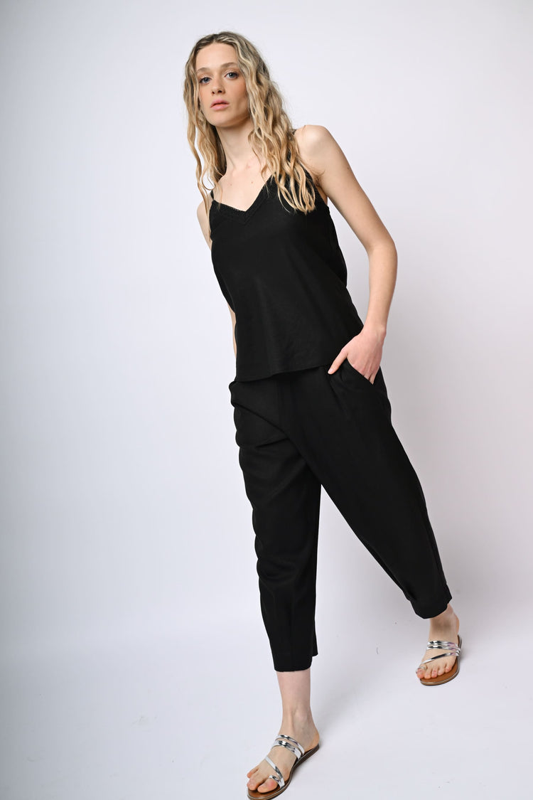 Top in lino e viscosa con pizzo