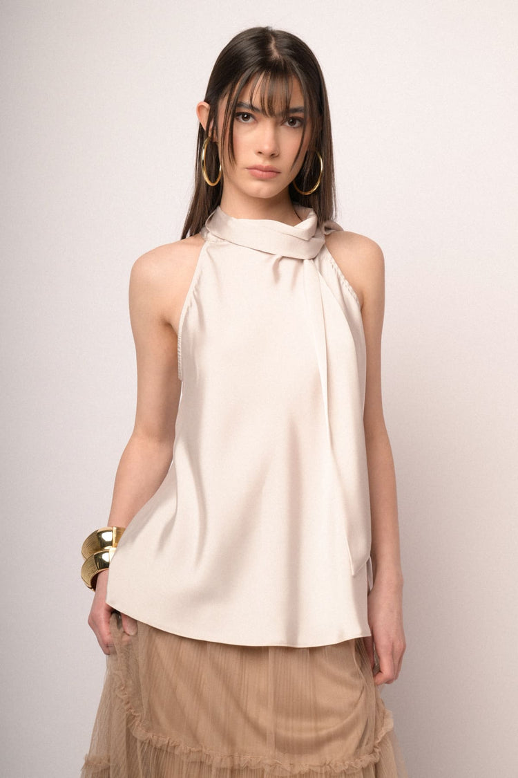 Top in raso con fiocco al collo bianco