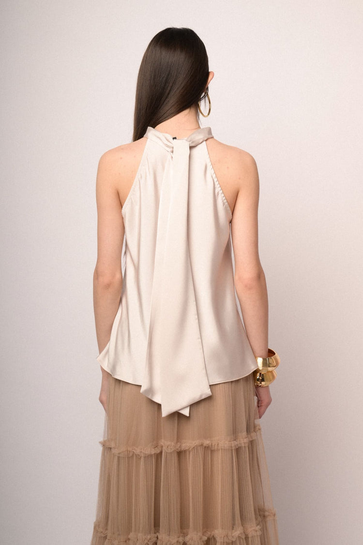 Top in raso con fiocco al collo bianco