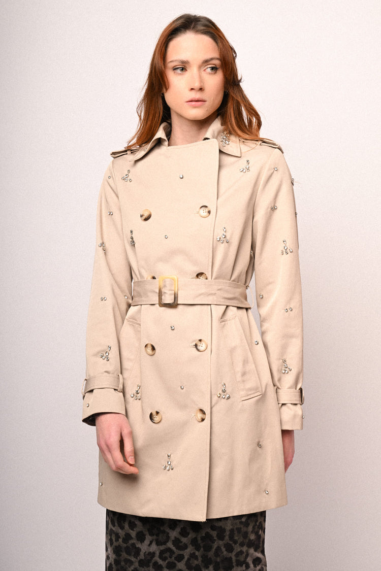 Trench doppiopetto con decorazione strass