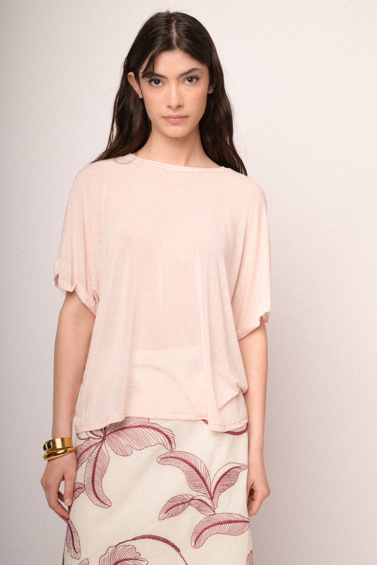 T-shirt oversize misto viscosa e lana rosa