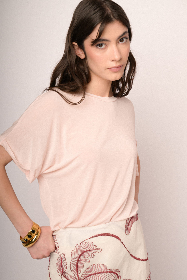 T-shirt oversize misto viscosa e lana rosa