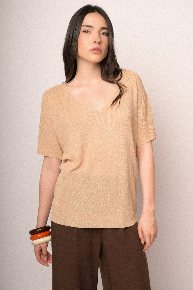Pull a mezze maniche in maglia lurex beige
