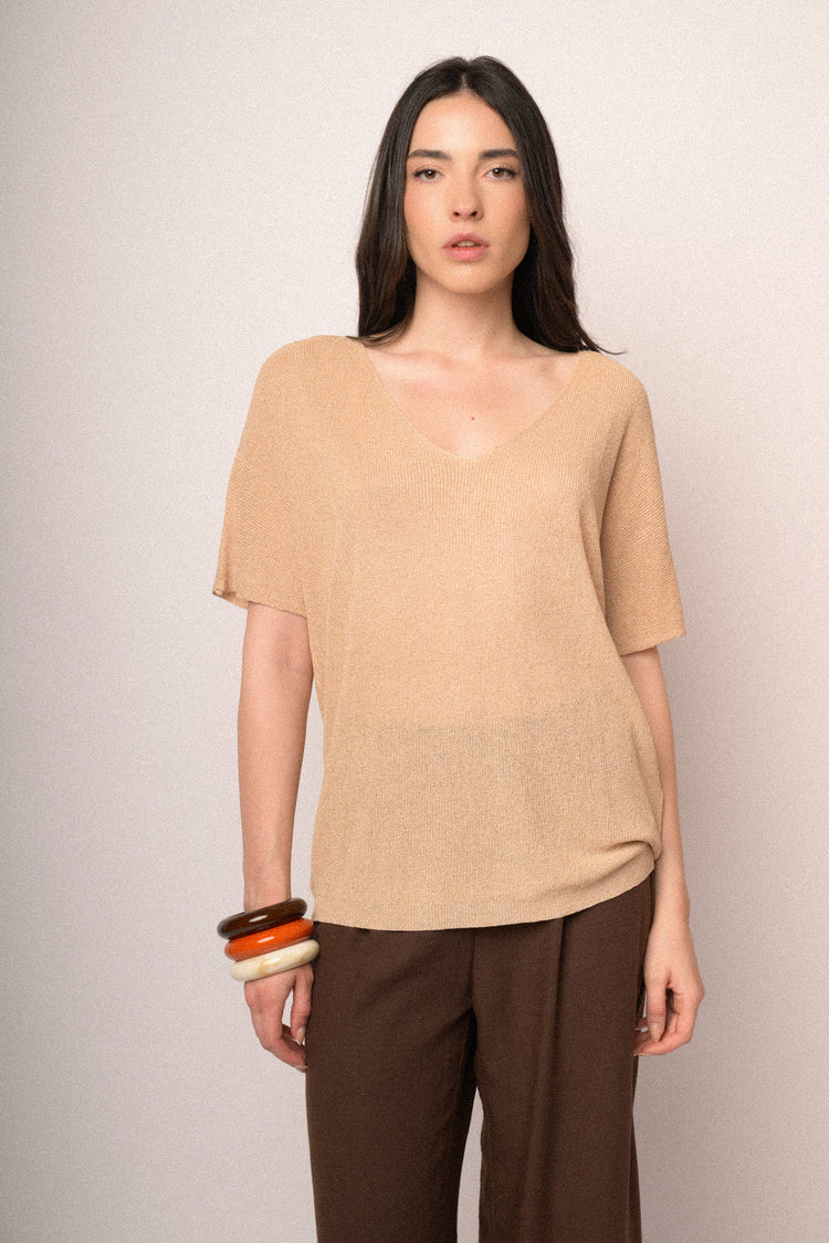 Pull a mezze maniche in maglia lurex beige