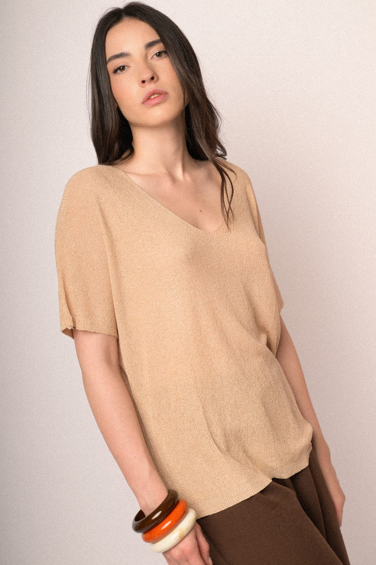 Pull a mezze maniche in maglia lurex beige