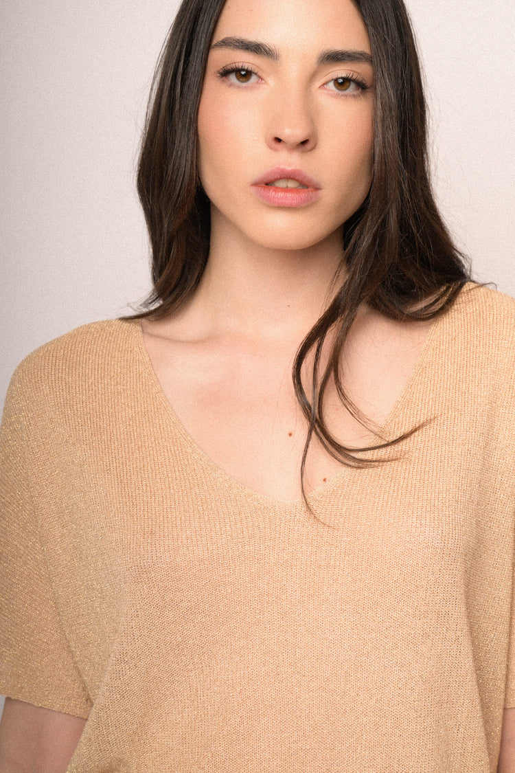 Pull a mezze maniche in maglia lurex beige