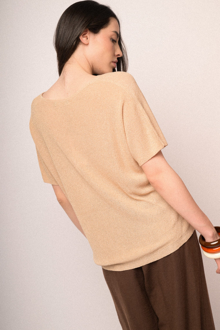 Pull a mezze maniche in maglia lurex beige