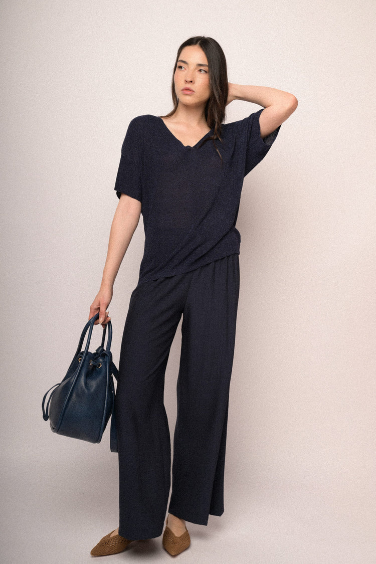 Pull a mezze maniche in maglia lurex blu