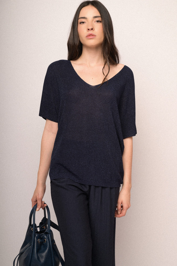 Pull a mezze maniche in maglia lurex blu