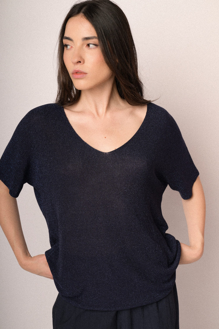 Pull a mezze maniche in maglia lurex blu