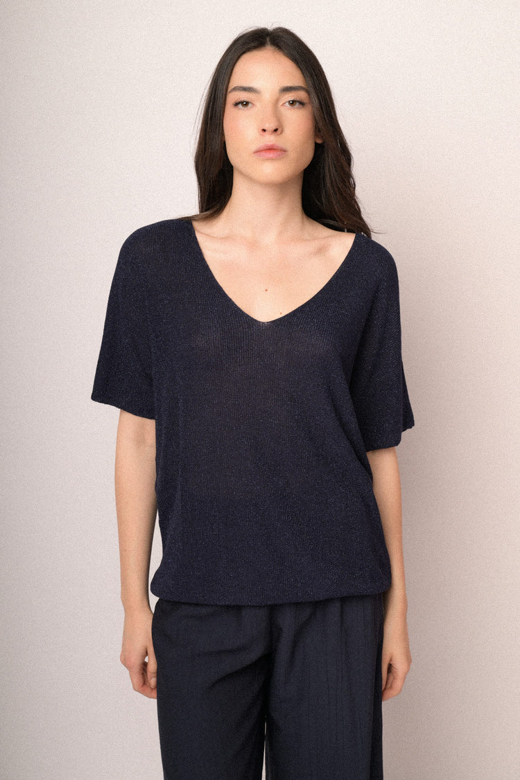 Pull a mezze maniche in maglia lurex blu