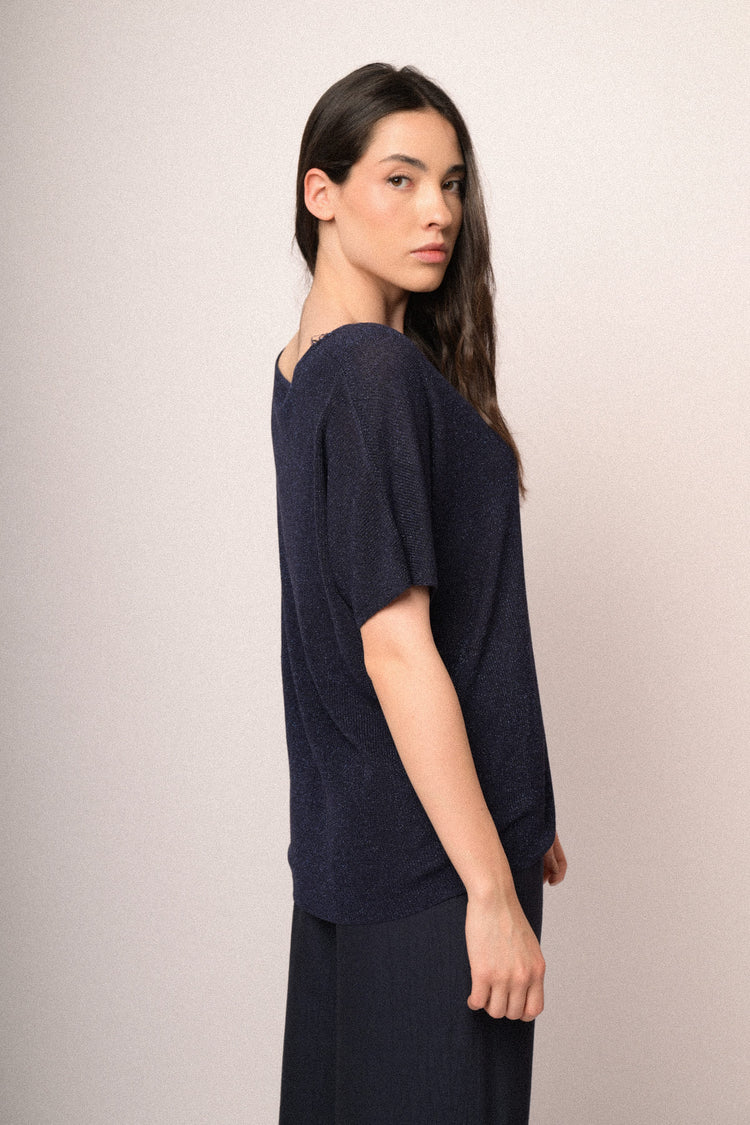 Pull a mezze maniche in maglia lurex blu