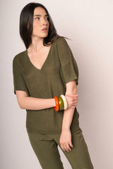 Pull a mezze maniche in maglia lurex verde oliva