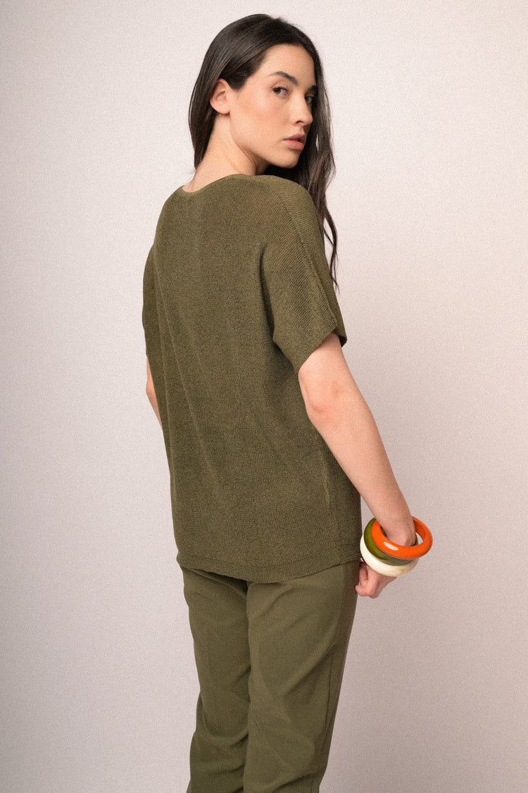 Pull a mezze maniche in maglia lurex verde oliva