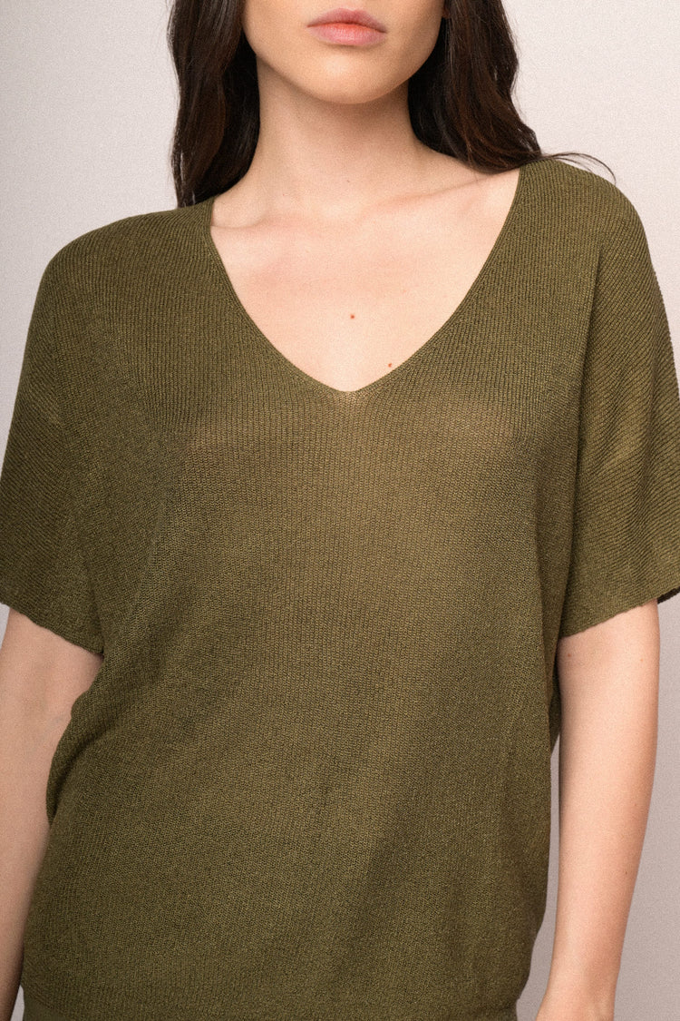 Pull a mezze maniche in maglia lurex verde oliva