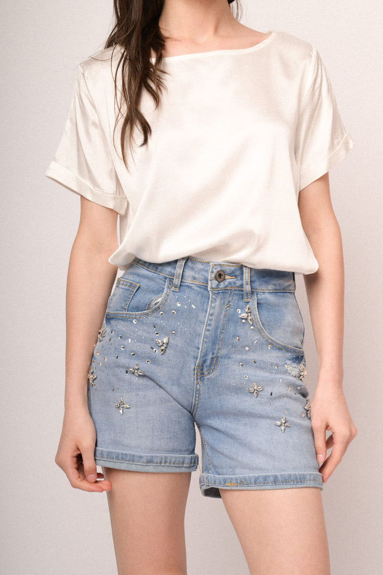 Shorts in denim denim azzurro con decorazione strass