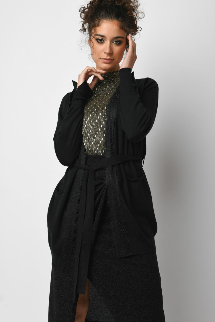 Cardigan lungo con pizzo e strass