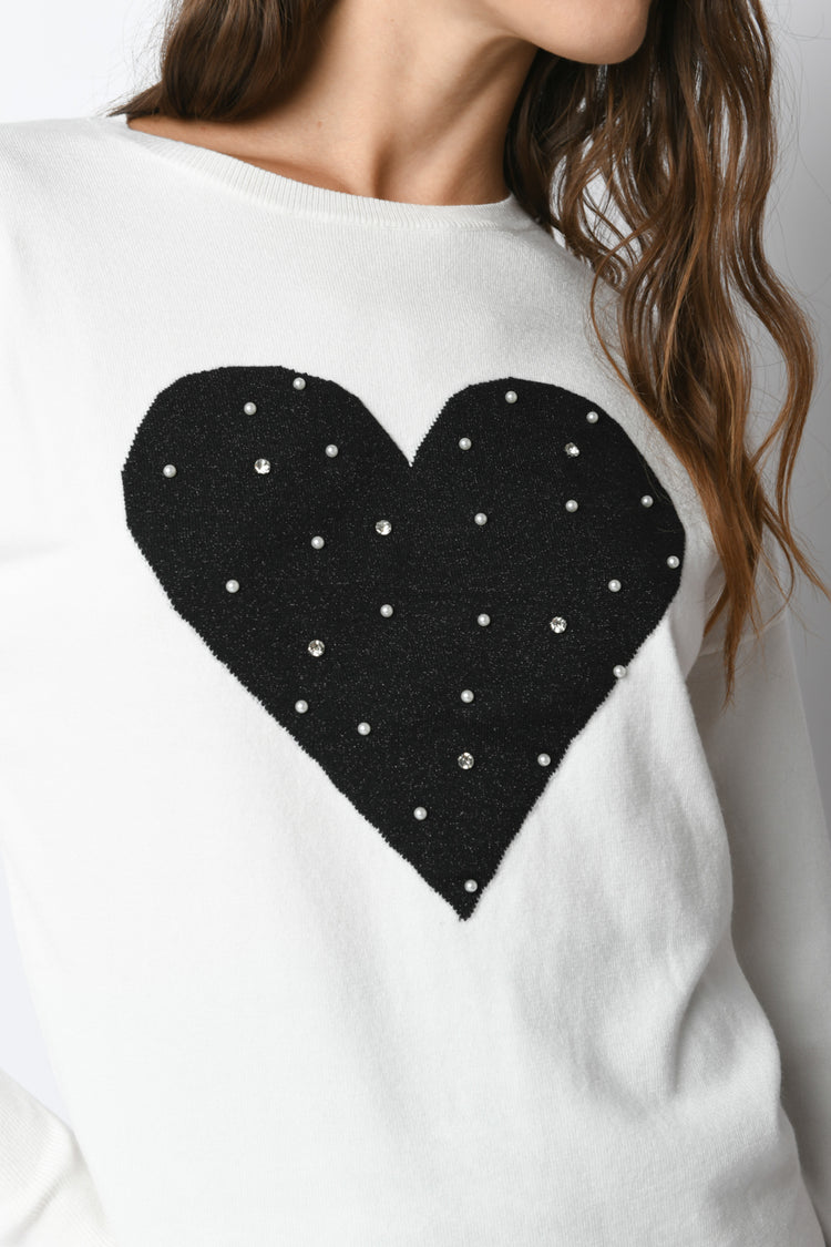 Pull con cuore, perle e strass