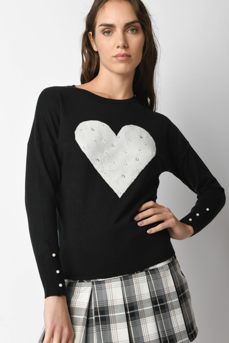 Pull con cuore, perle e strass