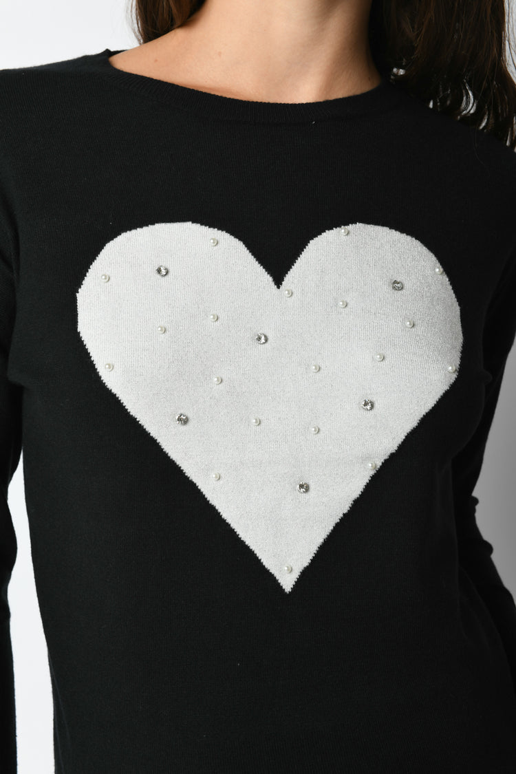 Pull con cuore, perle e strass