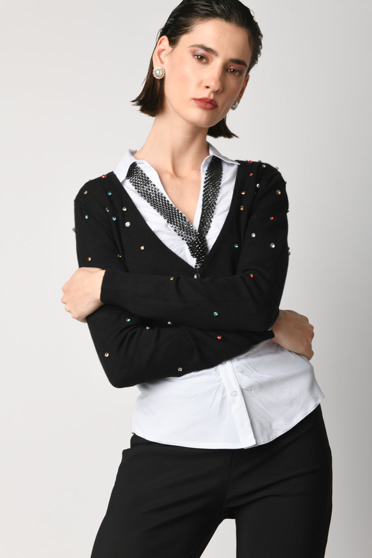 Cardigan crop con strass