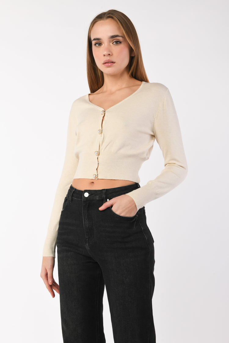 Cardigan crop con bottoni gioiello