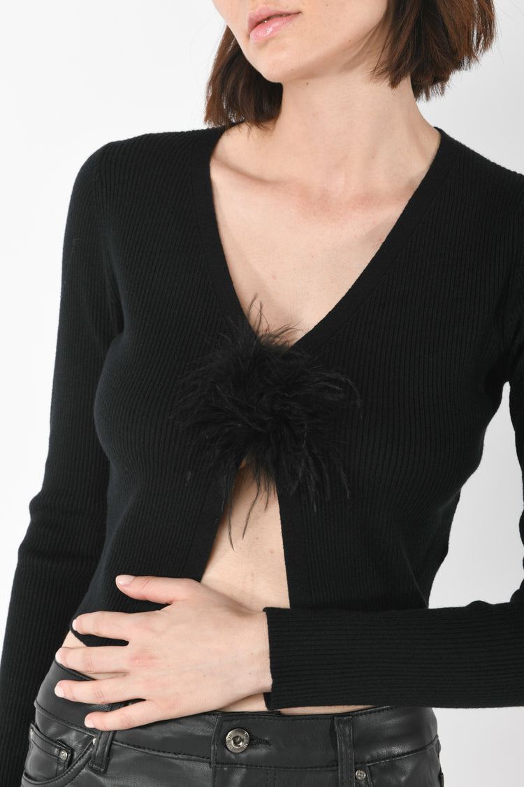 Cardigan con spilla a piume