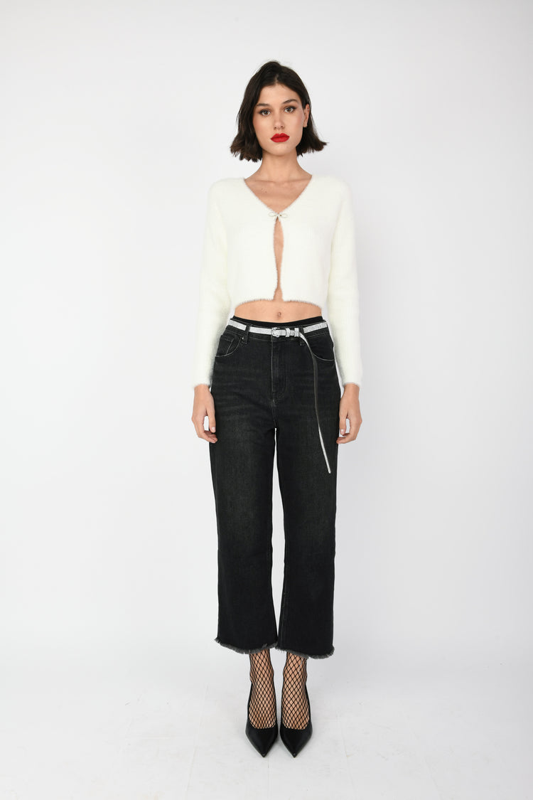 Cardigan crop con bottone a fiocco