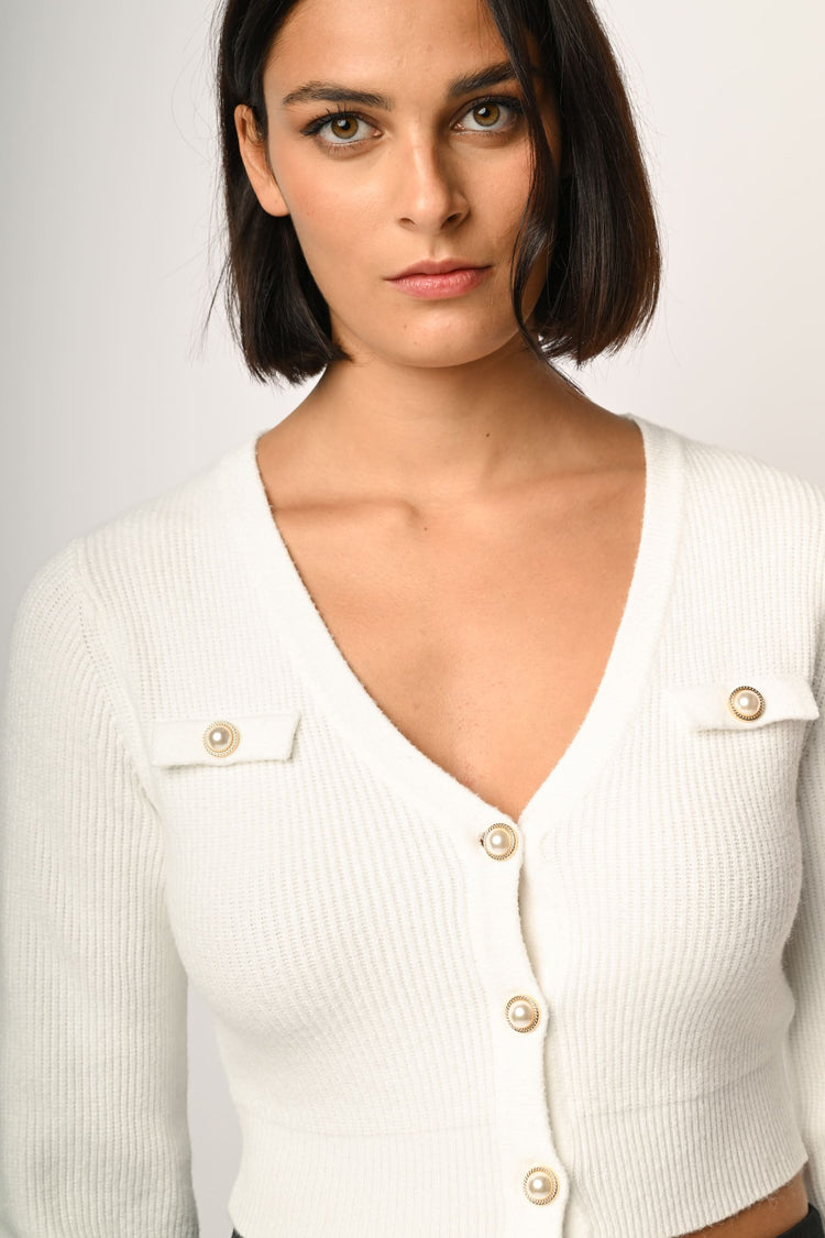 Cardigan crop con bottoni gioiello