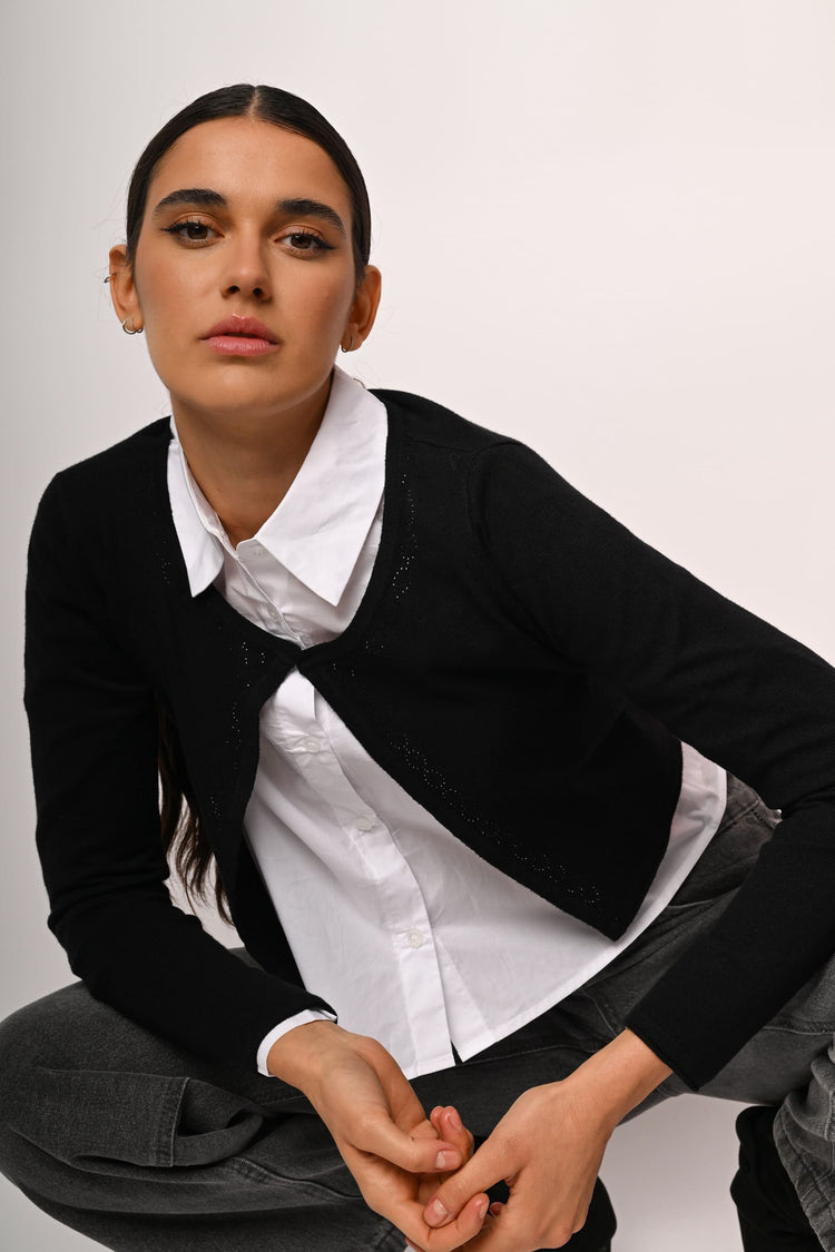 Cardigan crop con profili strass