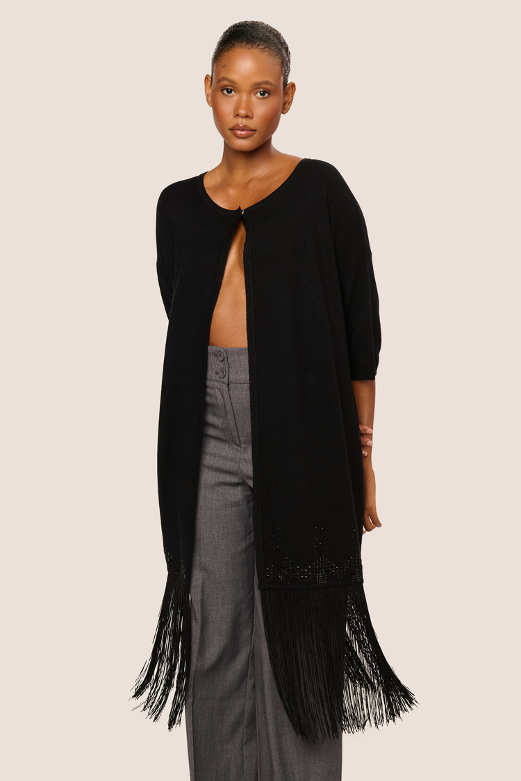 Cardigan lungo con strass e frange