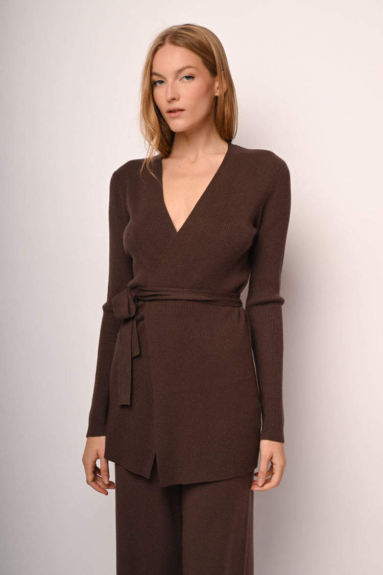 Cardigan lungo a portafoglio con cintura
