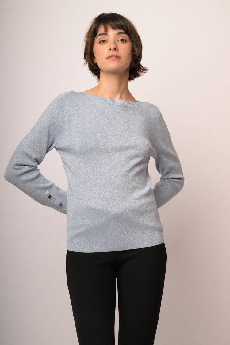 Pull in maglia lurex celeste con bottoni ai polsini