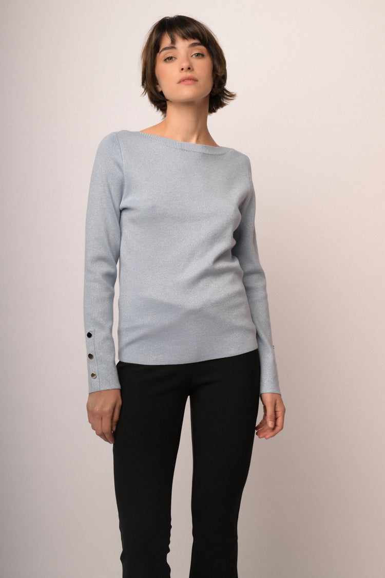 Pull in maglia lurex celeste con bottoni ai polsini
