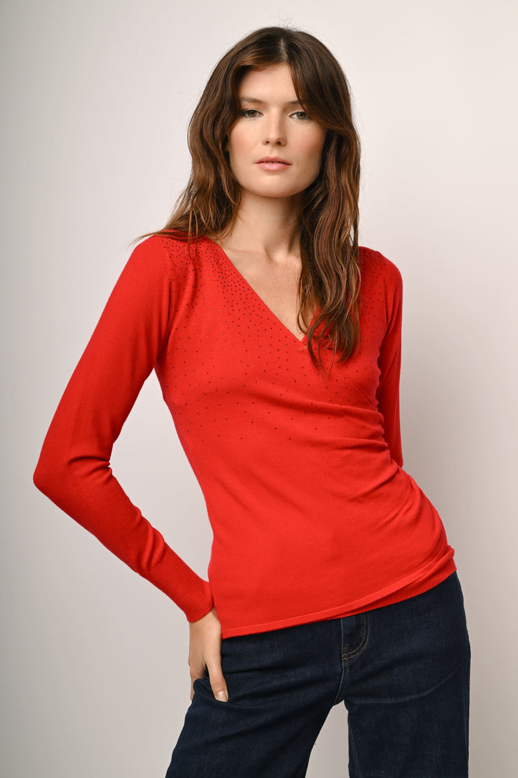 Pull incrociato con mini strass