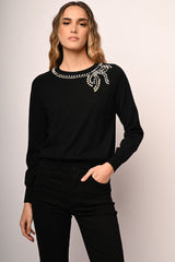 Pull con fiocco in strass e perline
