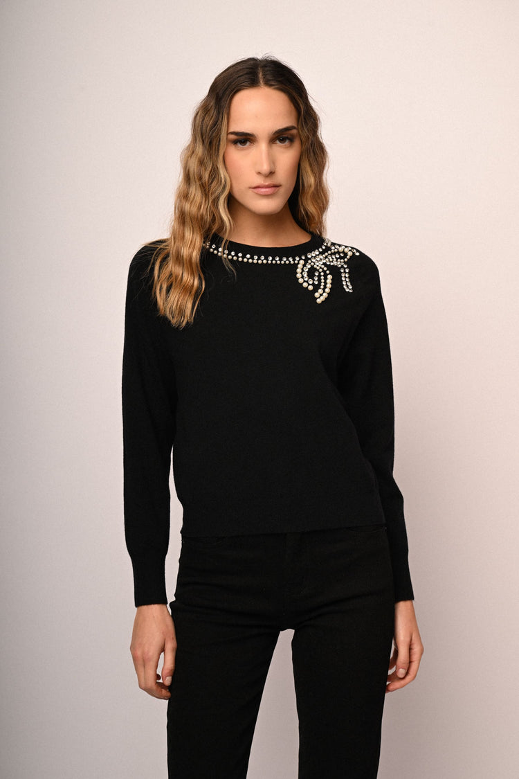 Pull con fiocco in strass e perline