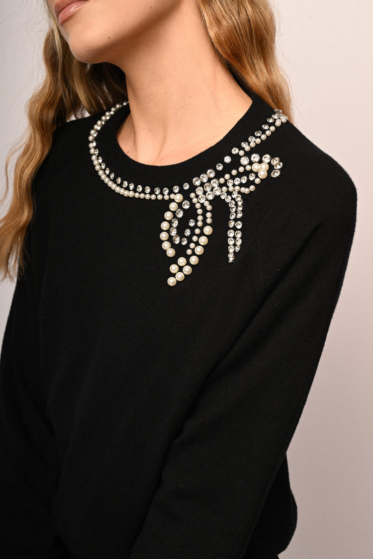 Pull con fiocco in strass e perline