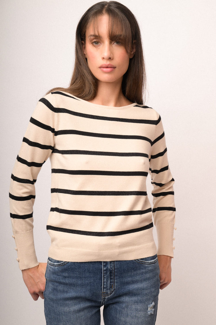 Pull in maglia lurex a righe avorio/nero