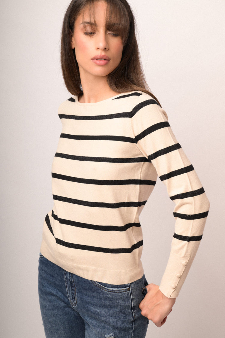 Pull in maglia lurex a righe avorio/nero