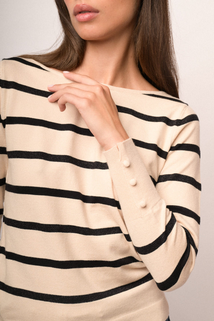 Pull in maglia lurex a righe avorio/nero