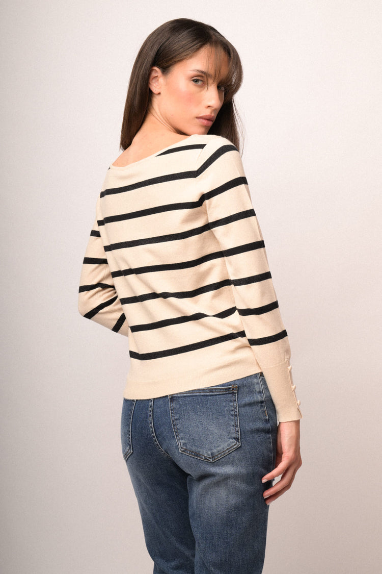 Pull in maglia lurex a righe avorio/nero