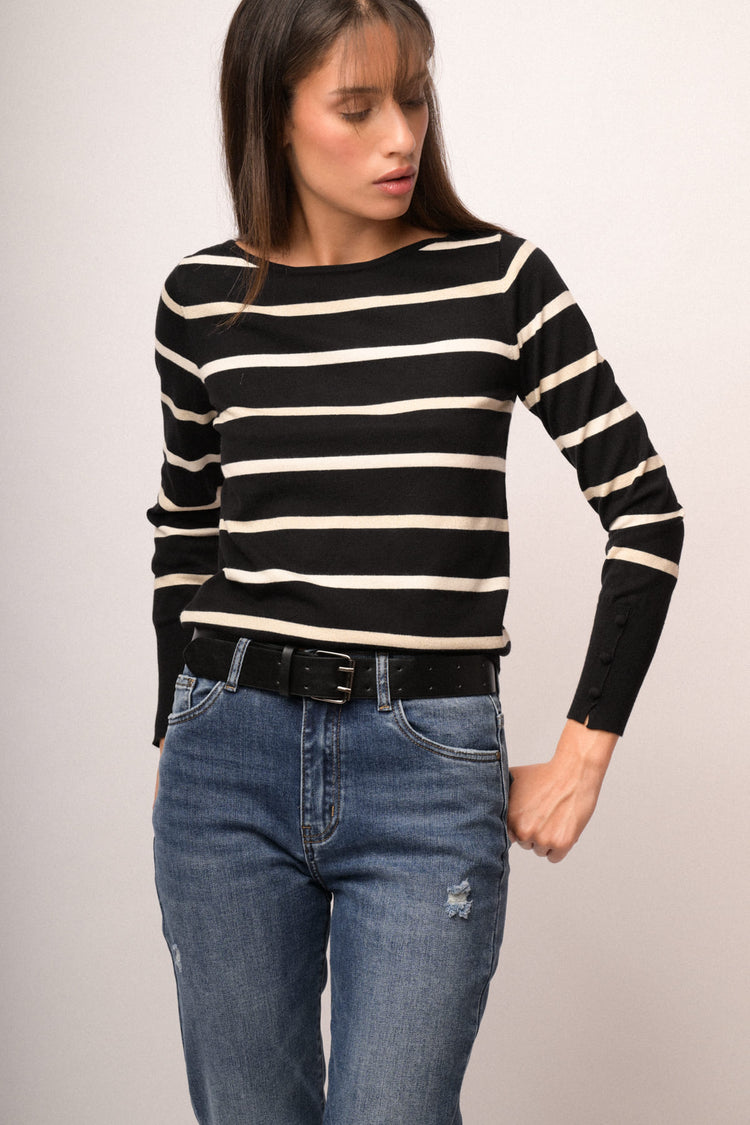 Pull in maglia lurex a righe nero/avorio