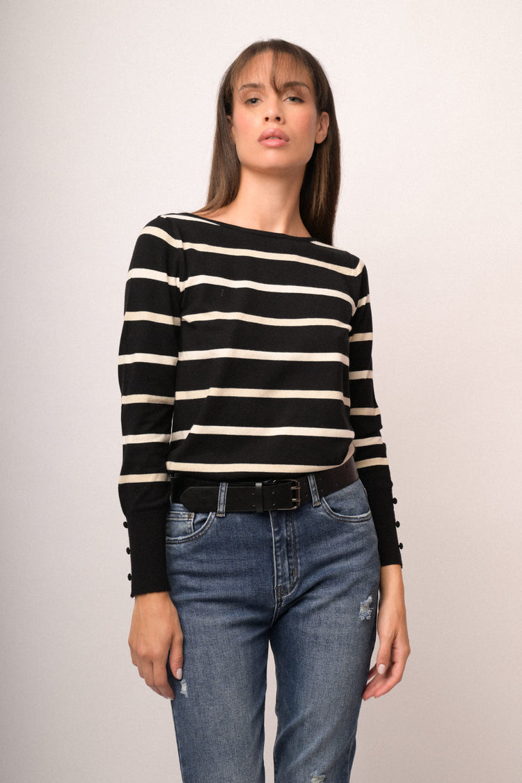 Pull in maglia lurex a righe nero/avorio