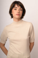 Lupetto a maniche corte in maglia lurex beige