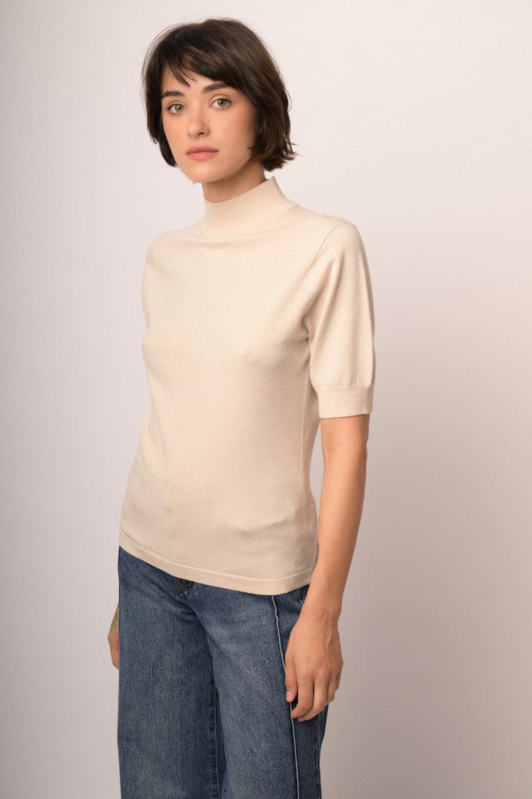 Lupetto a maniche corte in maglia lurex beige