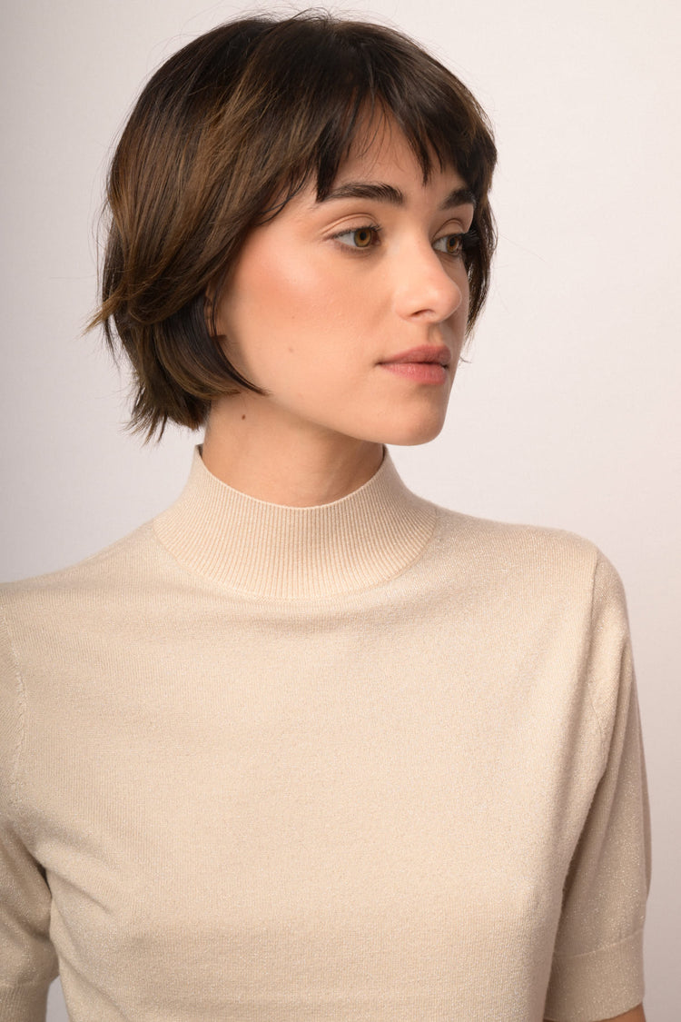 Lupetto a maniche corte in maglia lurex beige