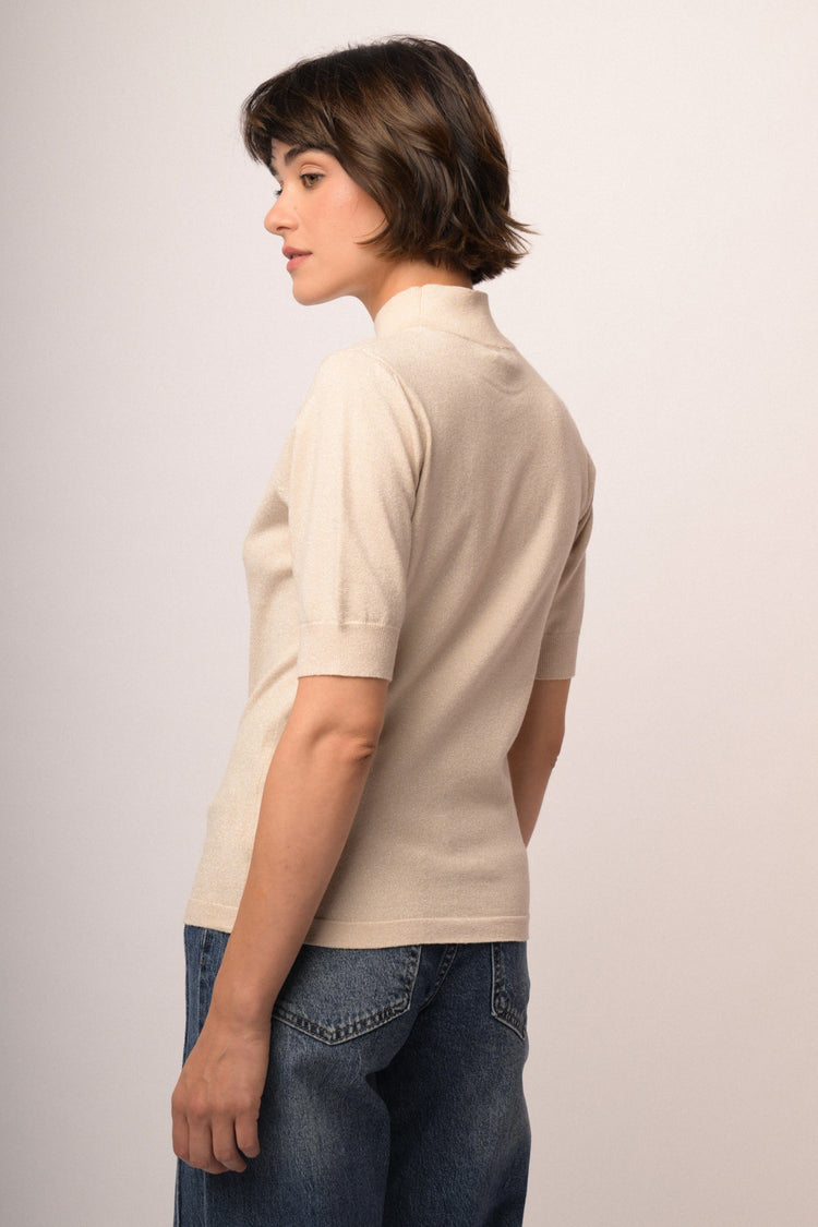 Lupetto a maniche corte in maglia lurex beige